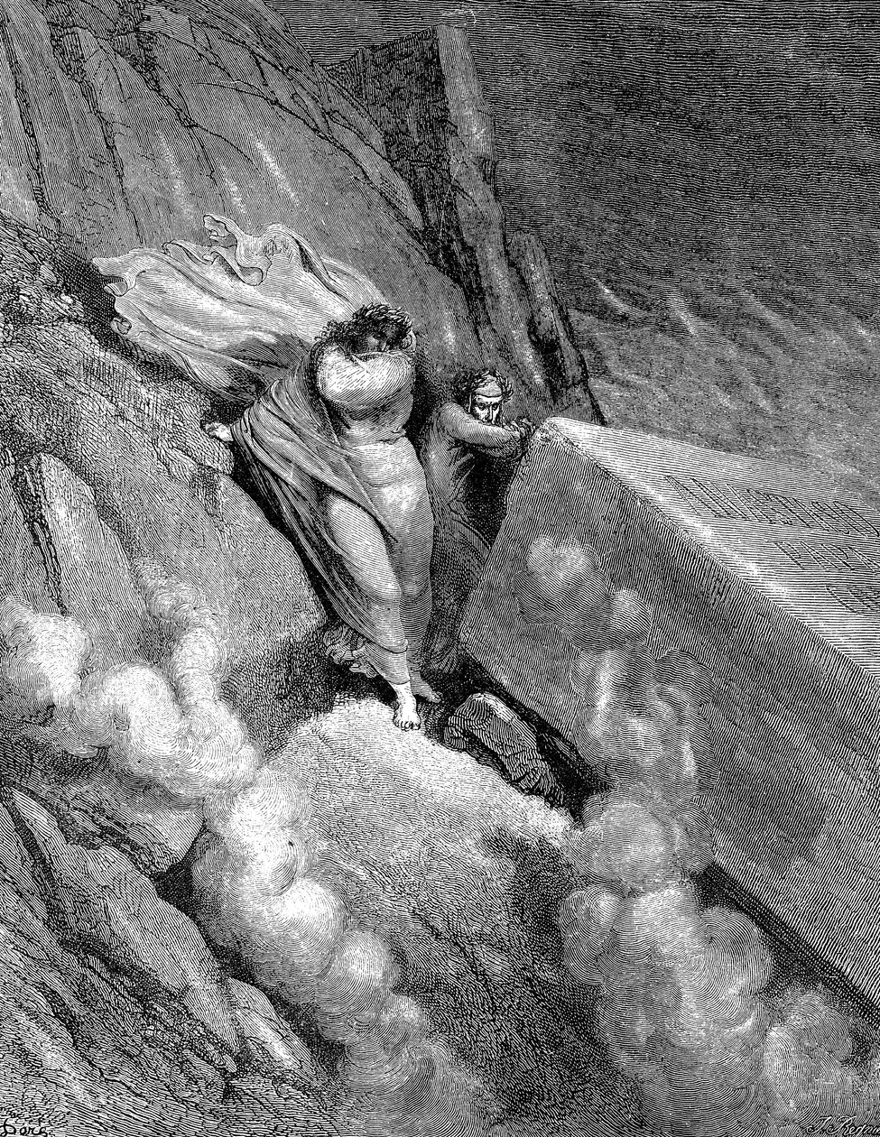 Dante a Virgil na okraji propasti, ze které se kouřil páchnoucí pách, 1863 od Gustave Dore