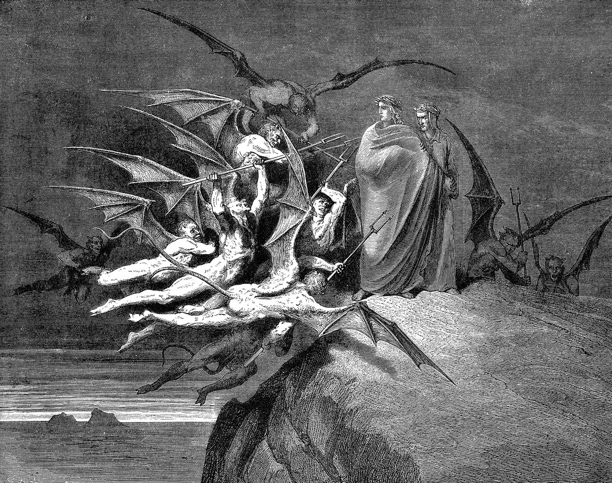 Dante a Virgil sužováni démony při průchodu osmým kruhem, 1861 od Gustave Dore