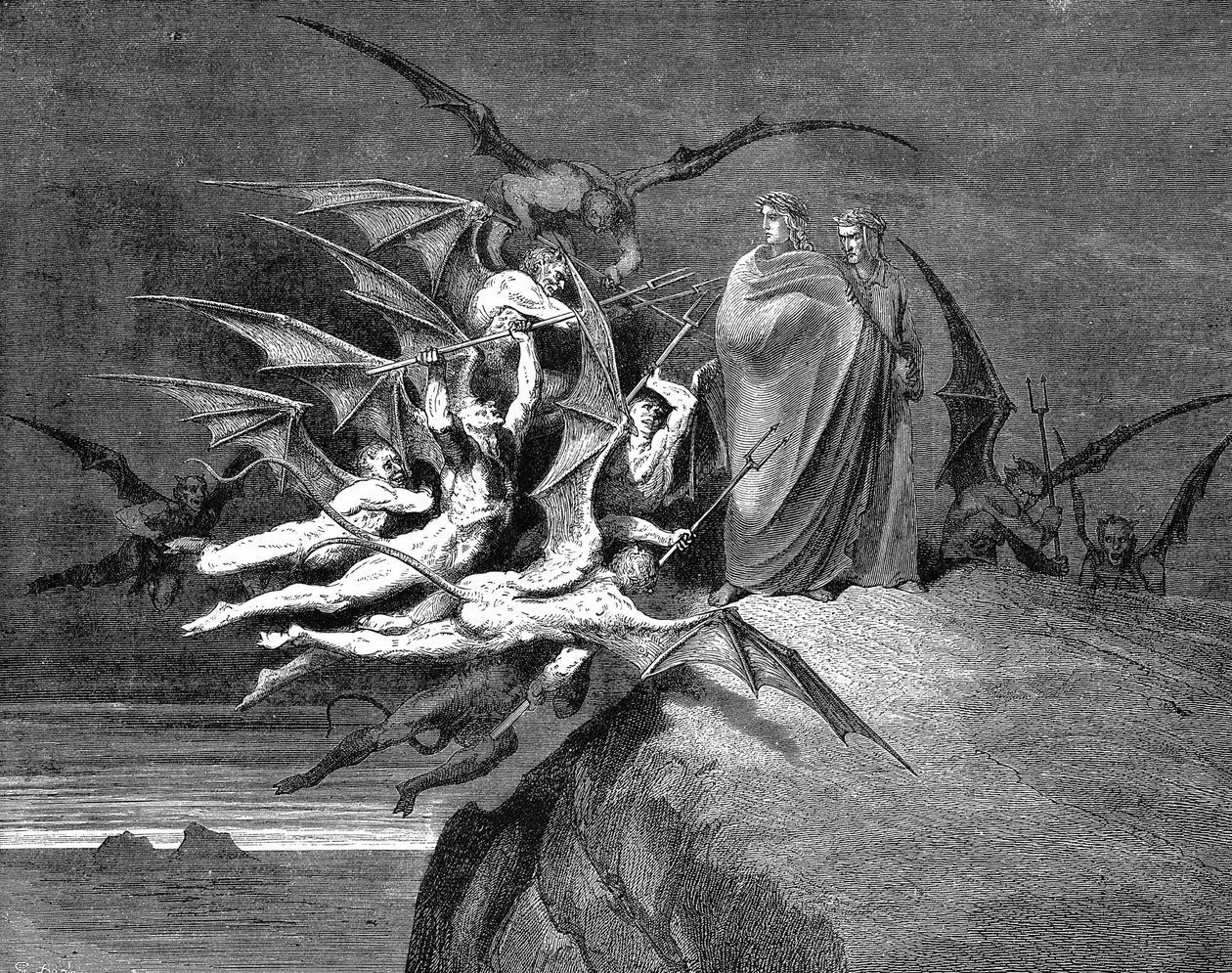 Dante a Vergilius jsou při průchodu osmým kruhem obklíčeni démony. Ilustrace (1861) od Gustava Doreho k Dante Inferno, Canto XXI. Dřevoryt od Gustave Dore