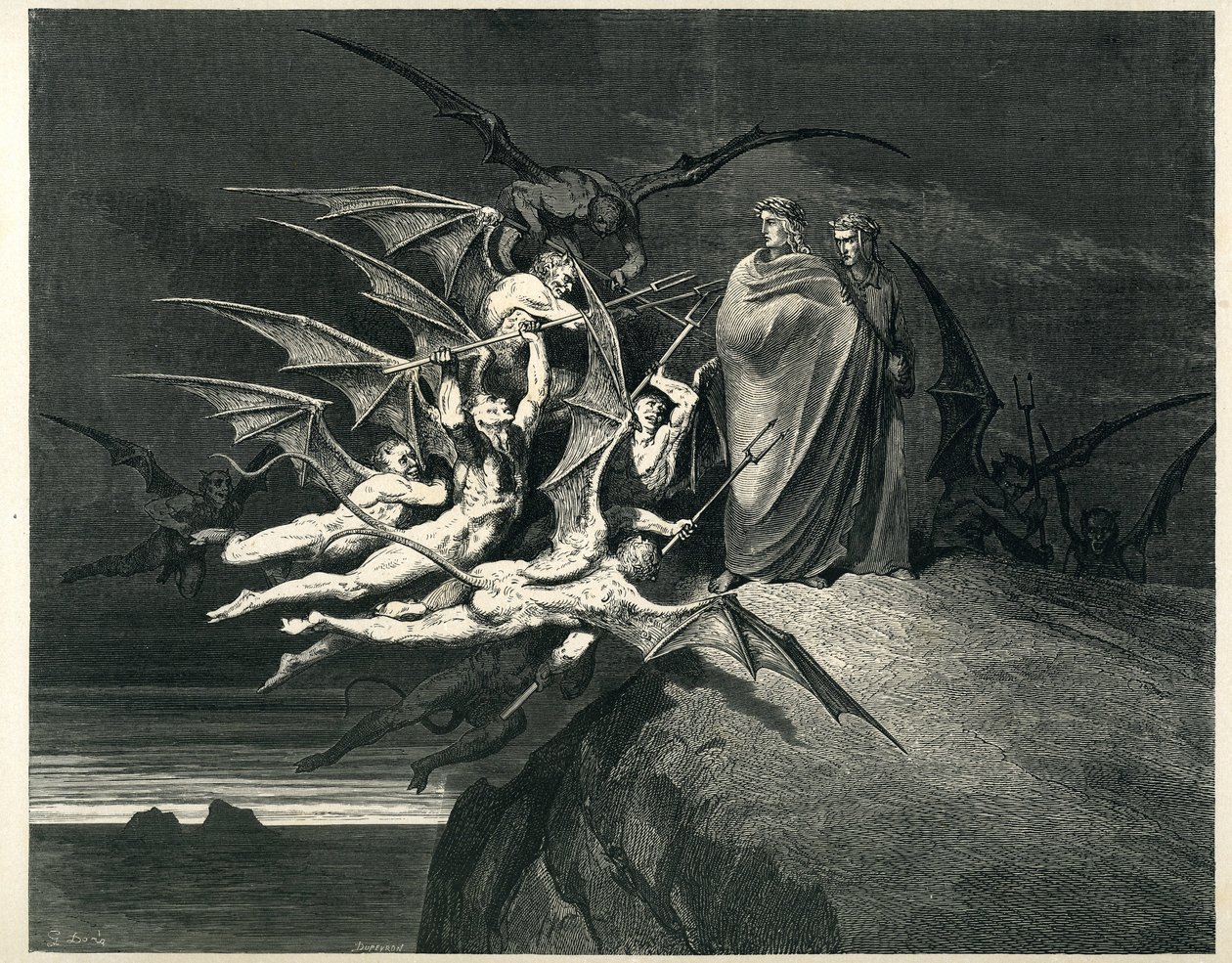 Dante a Vergilius čelí démonům. Rytina z díla Dante Alighieriho Peklo (Božská komedie) ilustrovaná Gustavem Dorem. Francouzské vydání z roku 1861. "... Nessun di voi sia fello!" (Ať se nikdo z vás nebouří!)". , zpěv 21, v. 72. od Gustave Dore