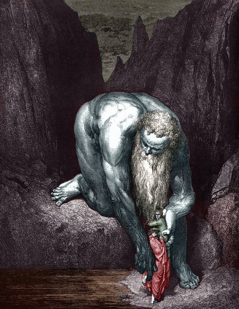 Dante a Virgil se setkávají s Giant Anthee, kterou ilustroval Gustave Dore od Gustave Dore