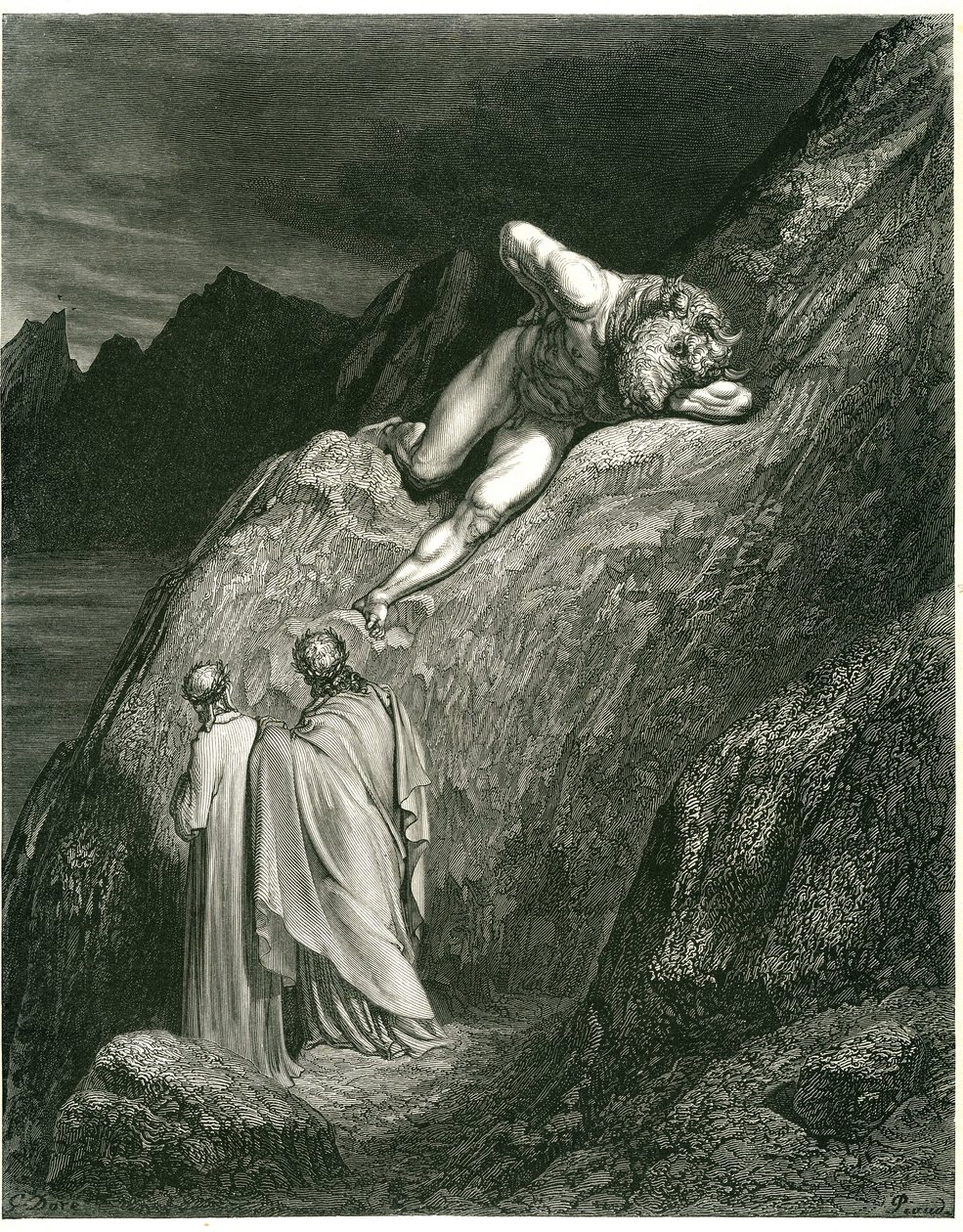 Dante a Vergilius se setkávají s Minotaurem. Rytina z Pekla Danta Alighieriho (Božská komedie) ilustrovaná Gustavem Dorem. Francouzské vydání z roku 1861. "E in su la punta della rotta lacca/L