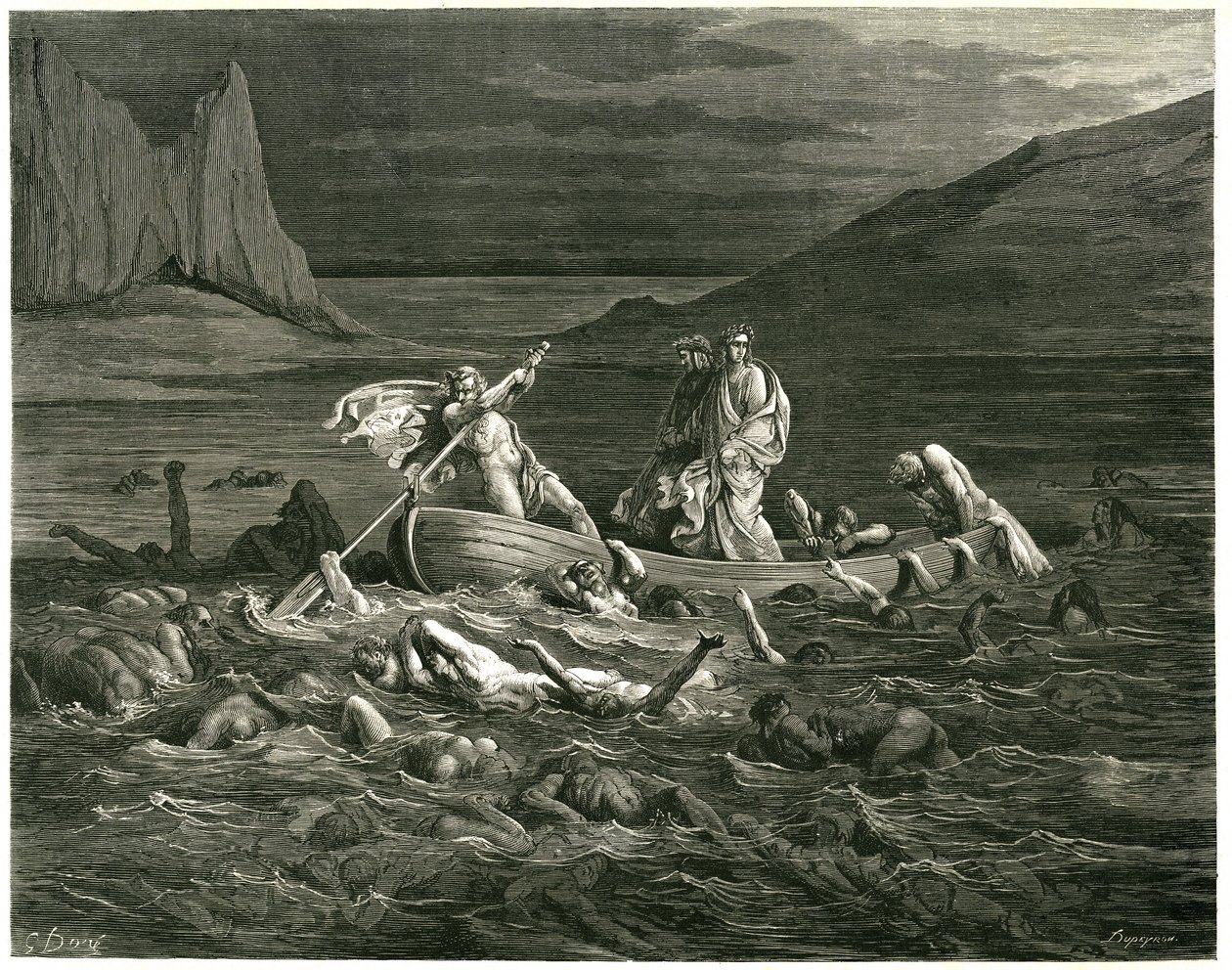 Dante a Vergilius plují v čele s Nocherem Phlegyasem po řece Styx, v níž se brodí přehrady, které se snaží vlézt do člunu. Rytina z Pekla Danta Alighieriho (Božská komedie) ilustrovaná Gustavem Dorem. Francouzské vydání z roku 1861. "Segando se ne od Gustave Dore