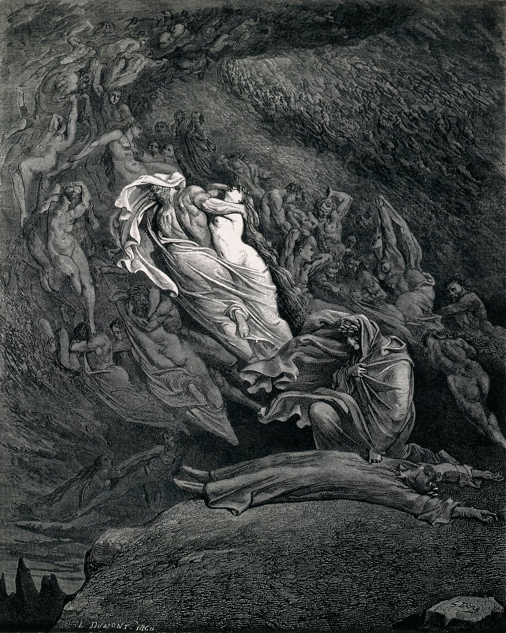 Dante a Virgil s Paolem a Francescou, Ilustrace k Infernu, V. zpěv Božské komedie, Dante Alighieri (1265-1321), Gustave Dore (1832-1883) od Gustave Dore