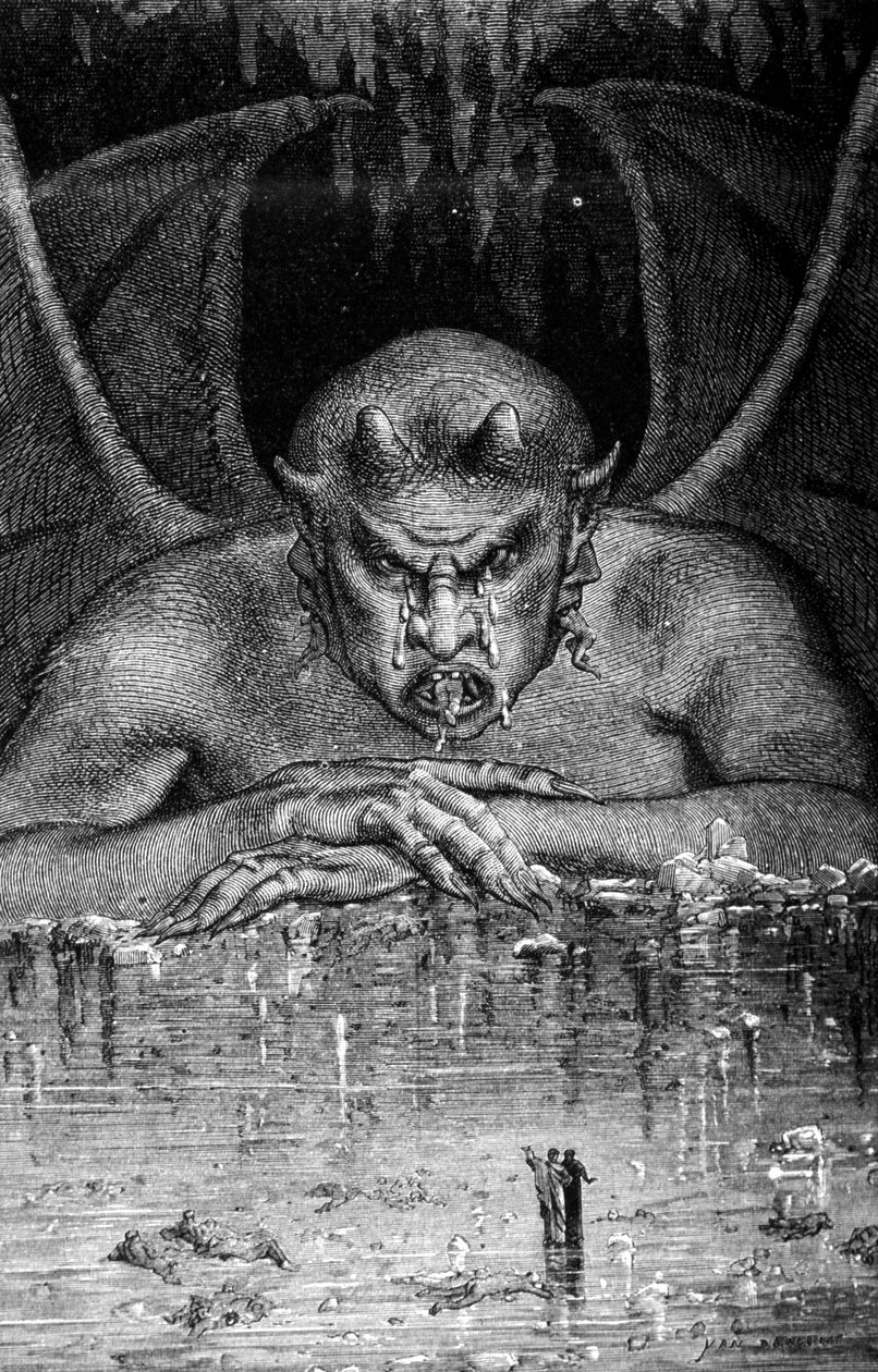 Dante et Virgil traverse les enfell v Božské komedii od Dante Alighieriho (1265 - 1321): Satan požírá tance. Rytina Gustava Doré. 19. století. od Gustave Dore