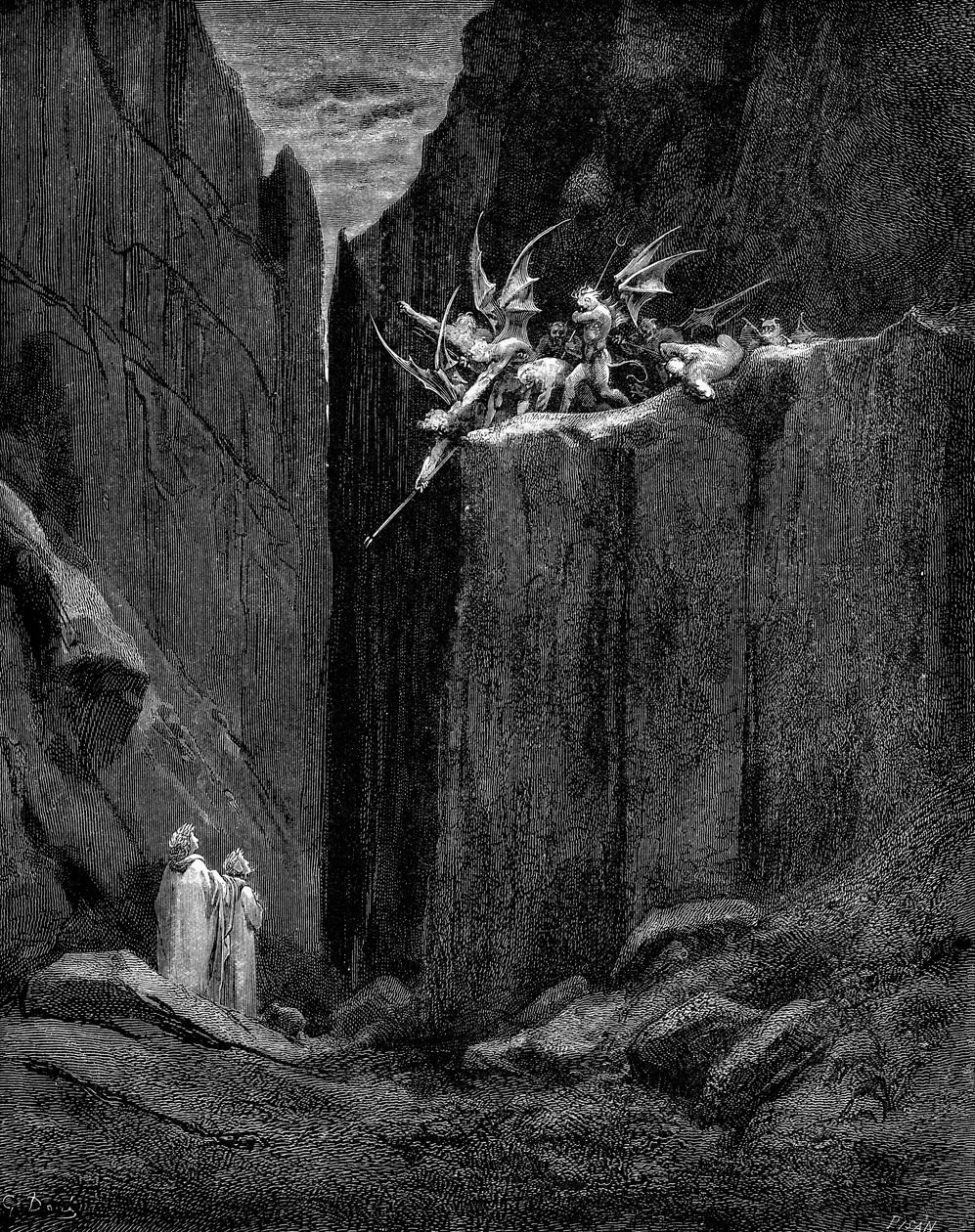Dante chráněn Virgilem před poškozením démony, 1863 od Gustave Dore