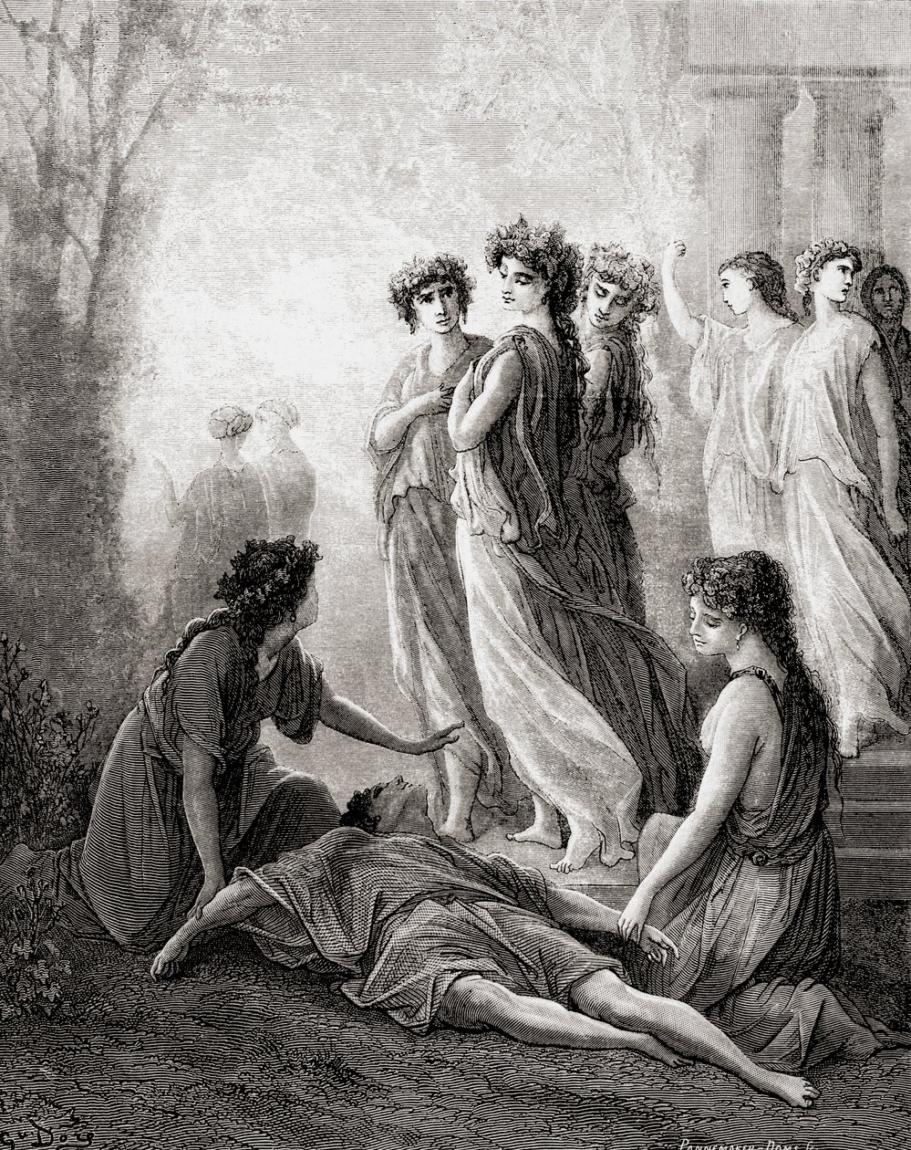 Daphnis et Alcimadure, z konce 19. století vydání Fables de La Fontaine (dřevoryt) od Gustave Dore