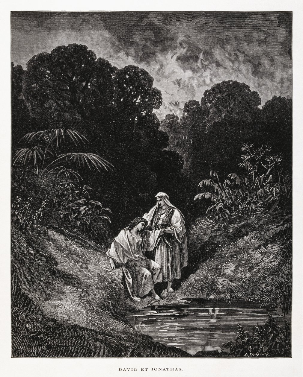 David a Jonatán, hrdinové izraelského království, kteří uzavřeli smlouvu o přátelství zaznamenanou v knihách Samuelových, Ilustrace z Doreovy Bible. od Gustave Dore