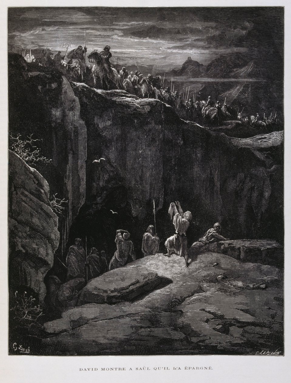 David nabízí svůj meč na znamení věrnosti Saulovi, králi Izraele, Ilustrace z Doreovy bible. od Gustave Dore
