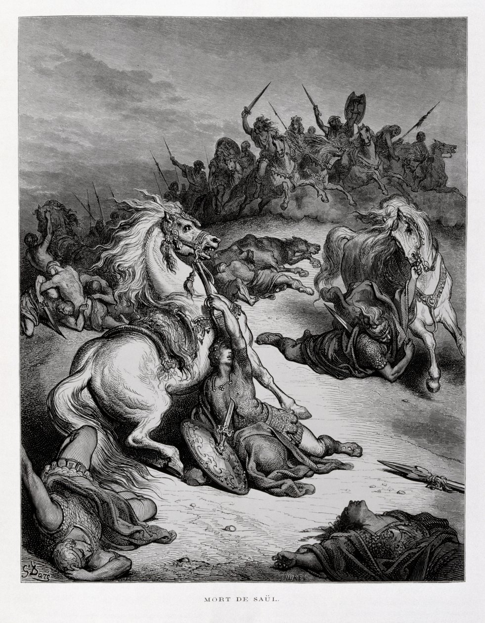 Smrt izraelského krále Saula, ilustrace z Doreho bible od Gustave Dore