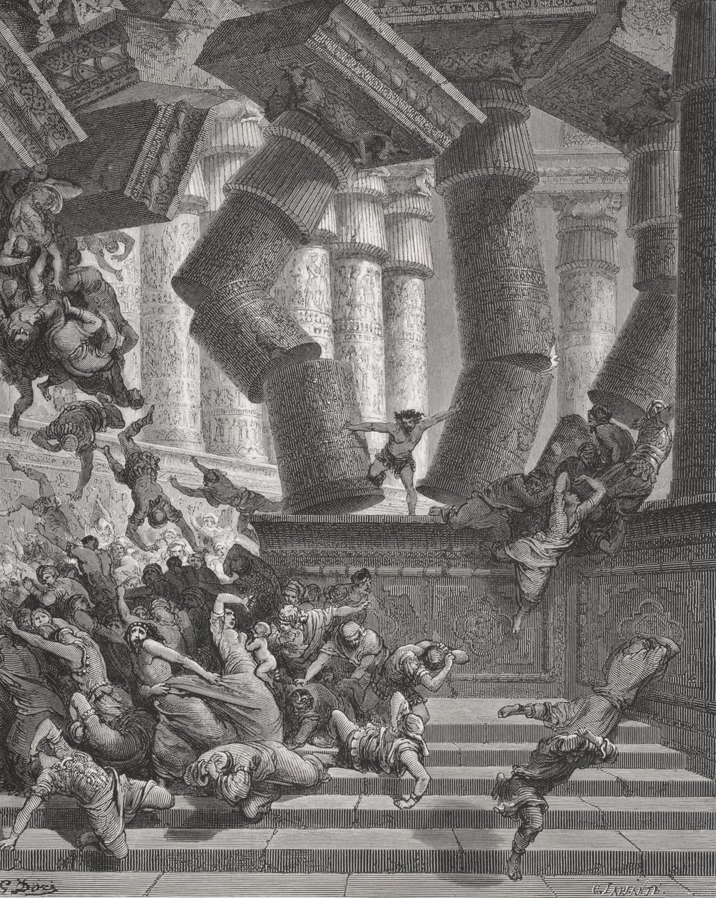 Death of Samson, Judges 26:28-30, ilustrace z Dore