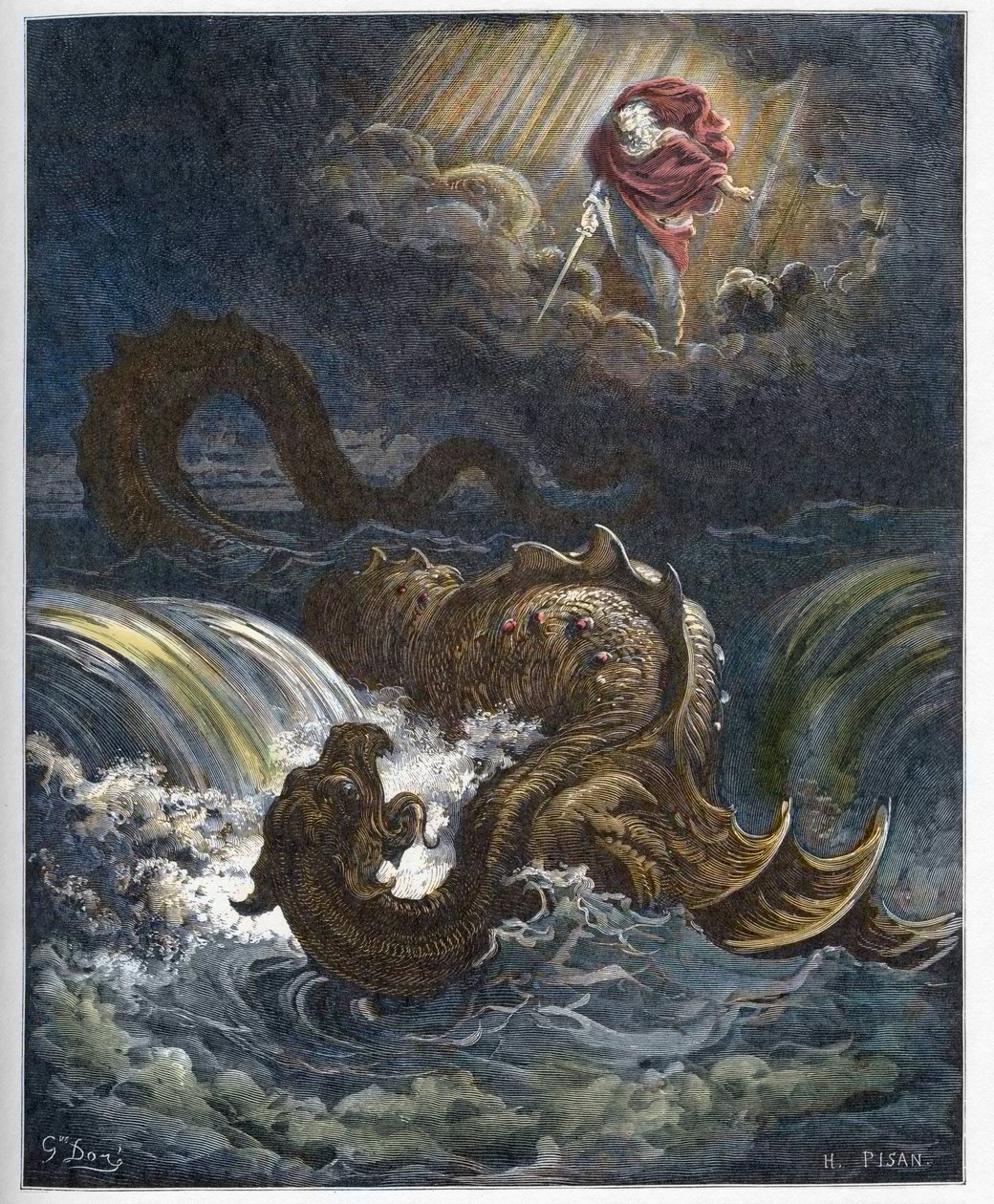 Zničení Leviatana – Zničení Leviatana, mořské příšery ze Starého zákona – rytina v „“The Bible illustree““ od Gustava Dore (1832-1883) – rytina z „“The Dore Bible““ od Gustave Dore