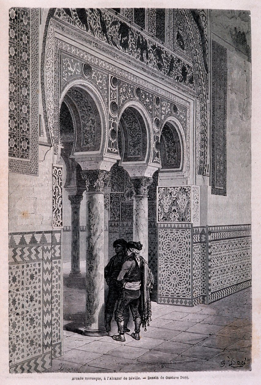 Detail pasáže Alcazaru v Seville - od Doré, v „“ Tour du Monde“, 2. sem. 1866. od Gustave Dore