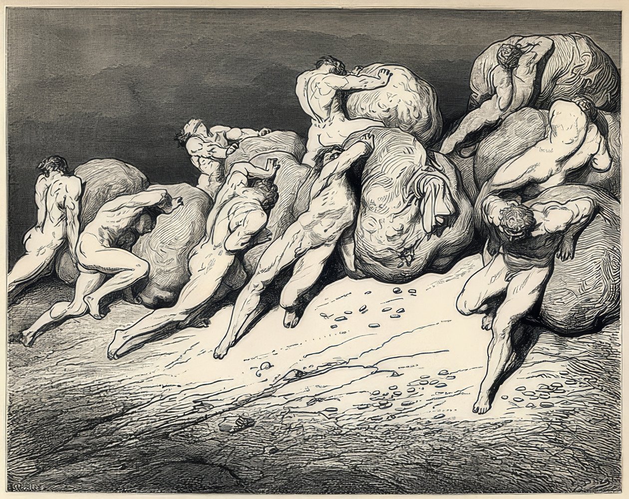 Duše marnotratných a lakomých. Ilustrace k Božské komedii Danteho Alighieriho. Kolem roku 1857 od Gustave Dore