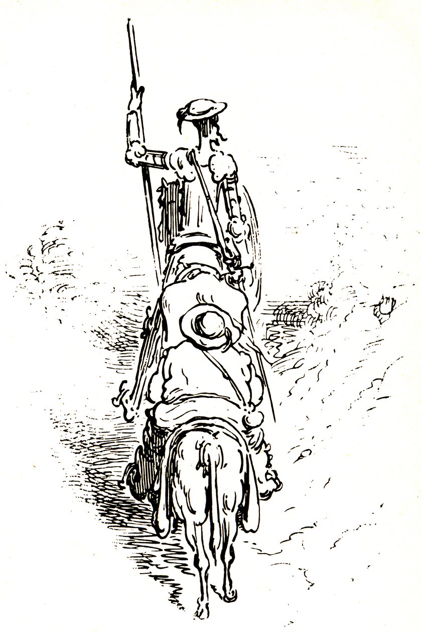 Don Quijote na koni, za ním Sancho na oslu. od Gustave Dore