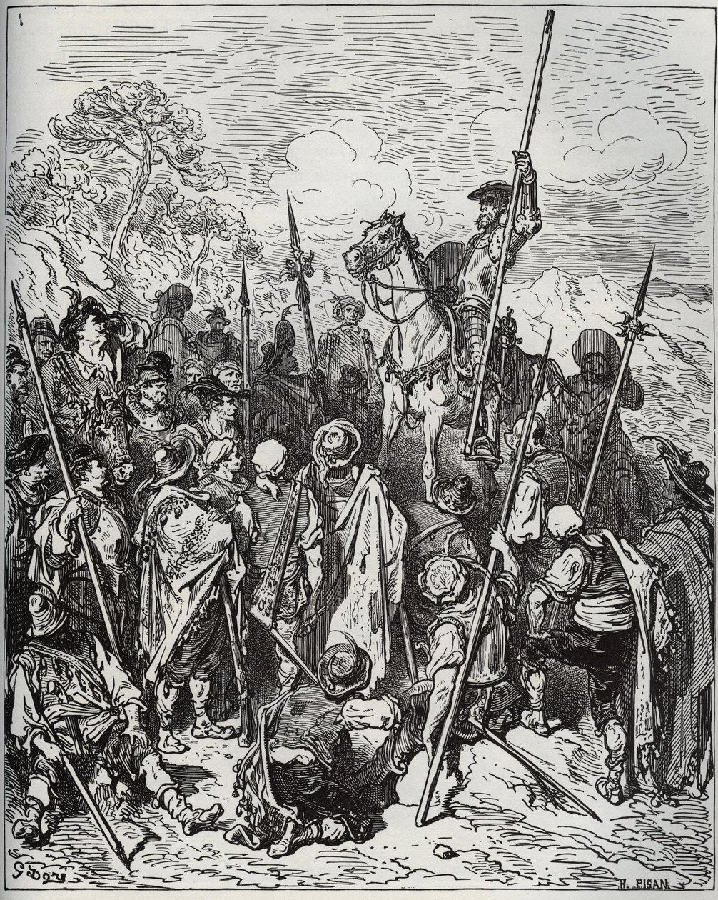 Don Quijote a Sancho s eskadrou hýřících vesničanů - z „Don Quijote de la Mancha““ od Miguela Cervantese (1547-1616) (Don Quijote) - Dřevoryt podle kresby Gustava Dore od Gustave Dore