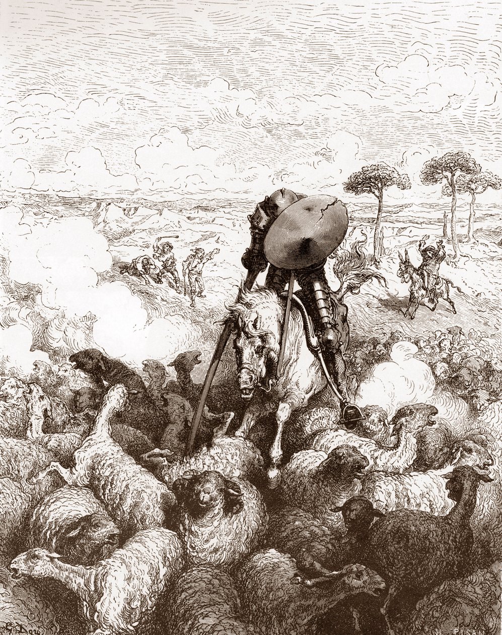 Don Quijot útočí na stádo ovcí Rytina od Gustava Dore (1832-1883) pro „The Ingenieux Hidalgo Don Quijote de la Mancha (Quixotte - Quijote)“ od Miguela de Cervantese (1547-1616) 1863 Soukromá sbírka od Gustave Dore