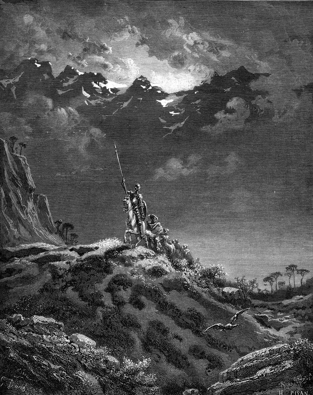 Don Quijote (Quijote nebo Qijote) se vydává na dobrodružnou cestu. Rytina Gustava Doreho ilustrující vydání knihy "L