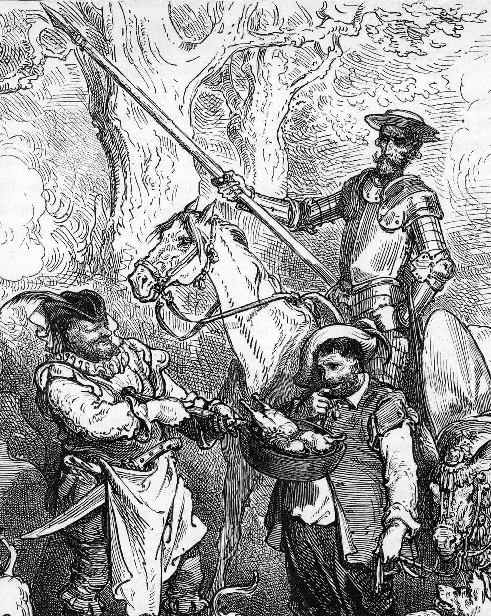 Don Quijote (Quixote nebo Qijote), hází rukou a jede na svém koni Rossinant je připraven jít na dobrodružství. Jeho fidele squiyer, labužník Sancho Panza (Panca), váhá před dobrým masitým pokrmem. Detail rytiny od Gustava Doreho ilustrující od Gustave Dore