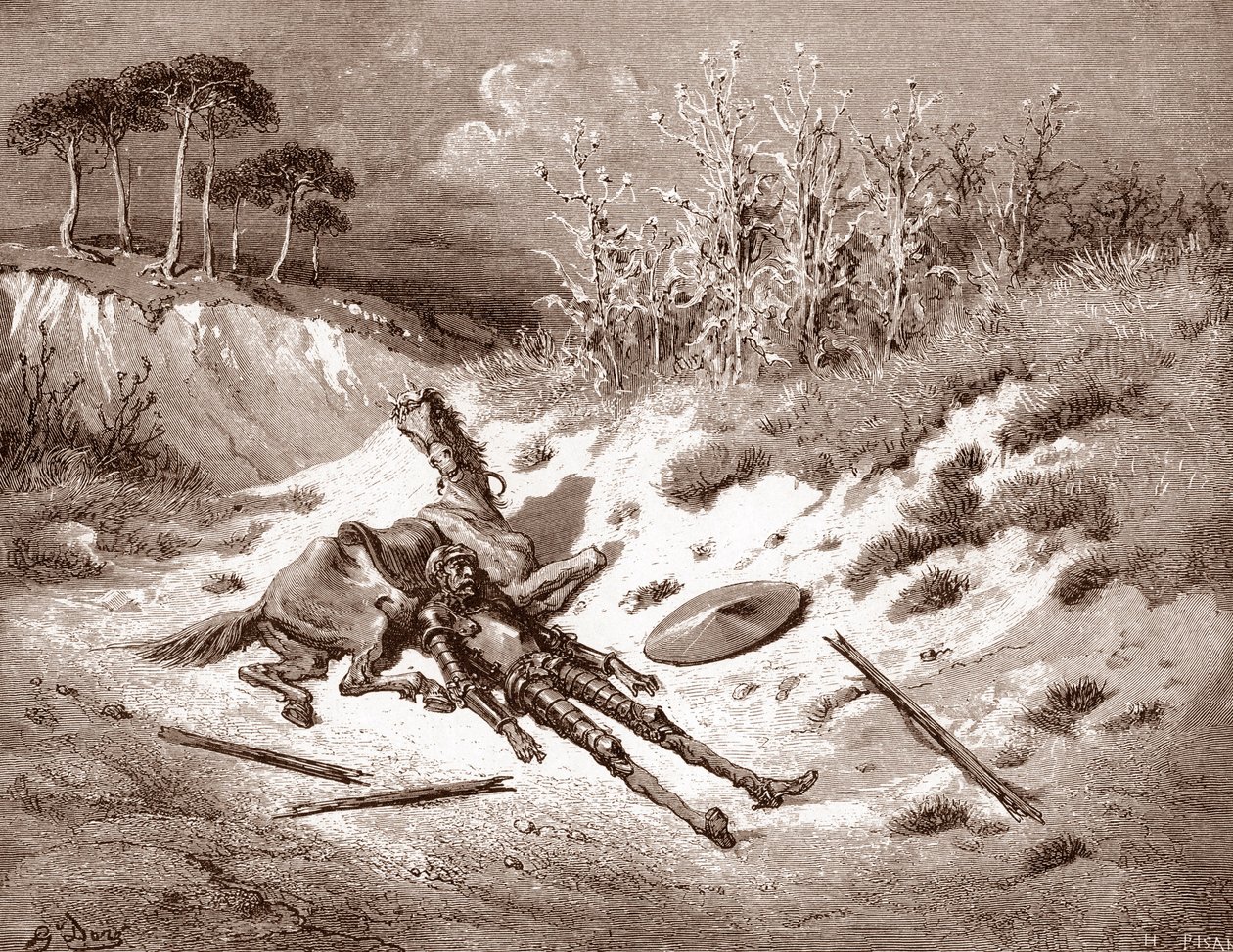 Don Quijote Po bití zavolá Quijote svou ideální dámu Dulcinea del Toboso Rytina Gustava Dore (1832-1883) pro „Ingenieux Hidalgo Don Quijote de la Mancha (Quixotte - Quijote)“ od Miguela od Cervantese (1547-1631) 18 Soukromá sbírka od Gustave Dore