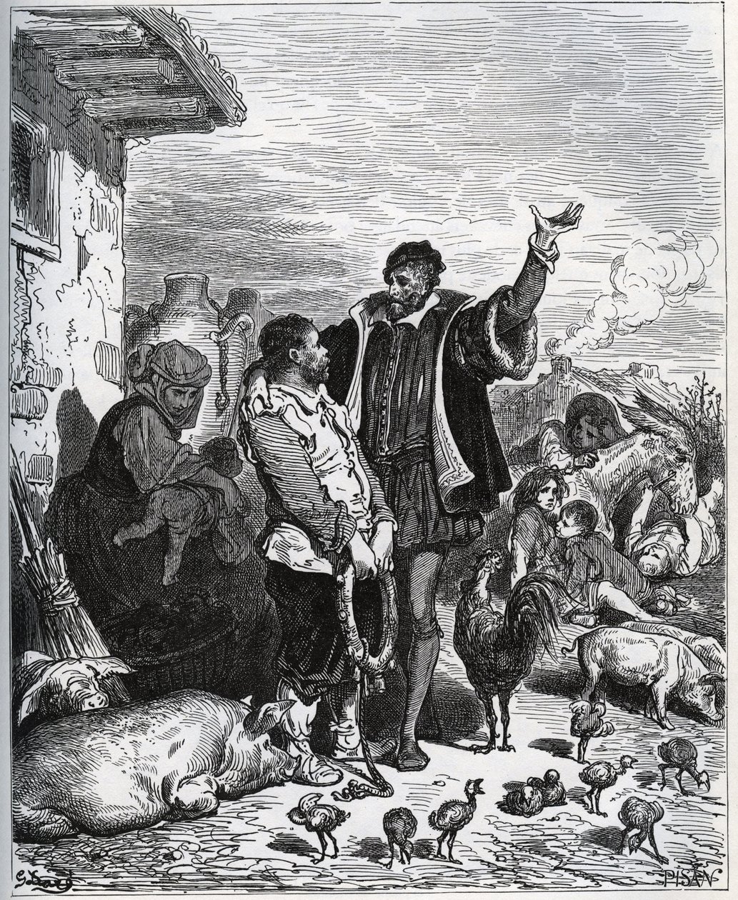 Don Quijote přemlouvá svého souseda Sancha Panzu, aby se stal jeho pomocníkem – z „Don Quijote de la Mancha““ od Miguela Cervantese od Gustave Dore