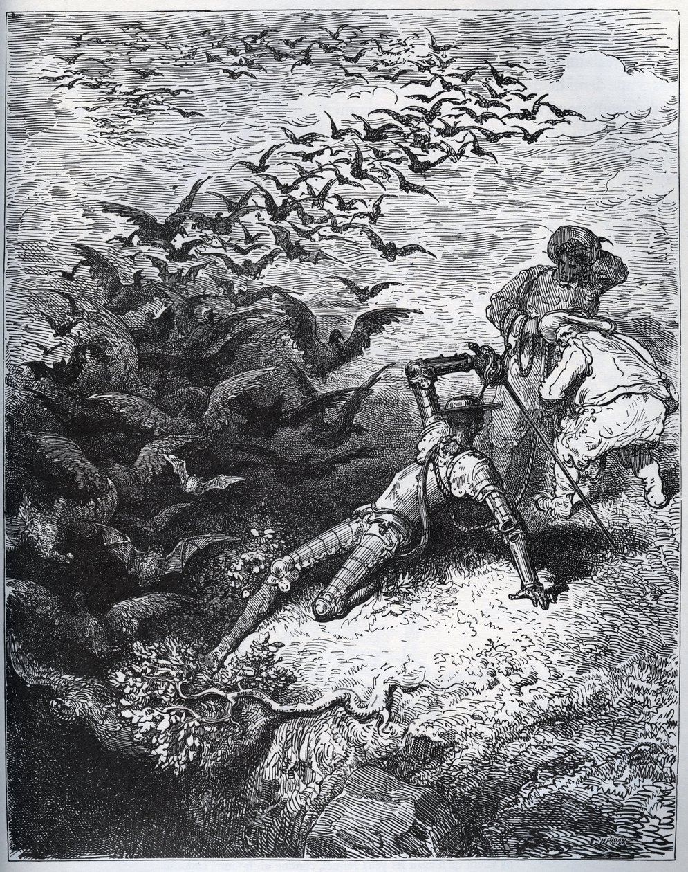 Don Quijote a la cave de Montesinos – Z Montesinosovy jeskyně vylétne nekonečné množství vran a havranů a srazí Dona Quijota k zemi (II, 22) – z „“ Don Quijote de la Mancha““ od Miguela Cervantese (1547- 1616) (Don Quijote) - Dřevoryt po kresbě od Gustave Dore