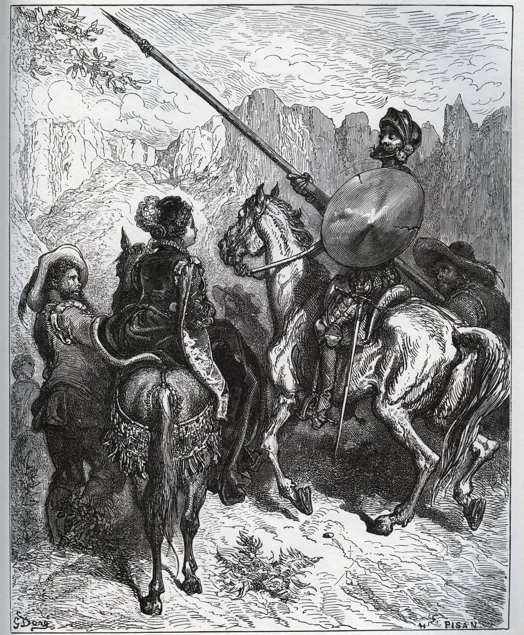 Don Quijote přijímá misi navrženou Dorothe-Princeznou z Micomiconu – z „Don Quijote de la Mancha“ od Miguela Cervantese od Gustave Dore