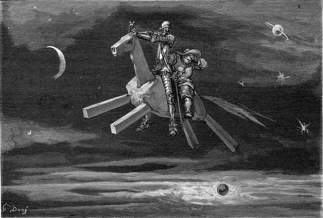 Don Quijote a Sancho Panca (Panza) na obloze, mezi měsícem a hvězdami, na dřevěném koni Clavilegne. Rytina Gustava Doreho ilustrující vydání knihy "L