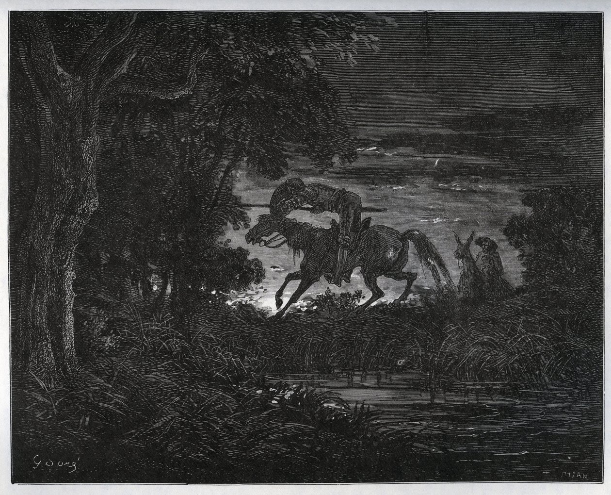Don Quijote a Sancho Panza na začátku dobrodružství v hustém a neznámém lese - z "Don Quijote de la Mancha" od Miguela Cervantese (1547-1616) (Don Quijote) - Dřevoryt podle kresby Gustava Dore od Gustave Dore