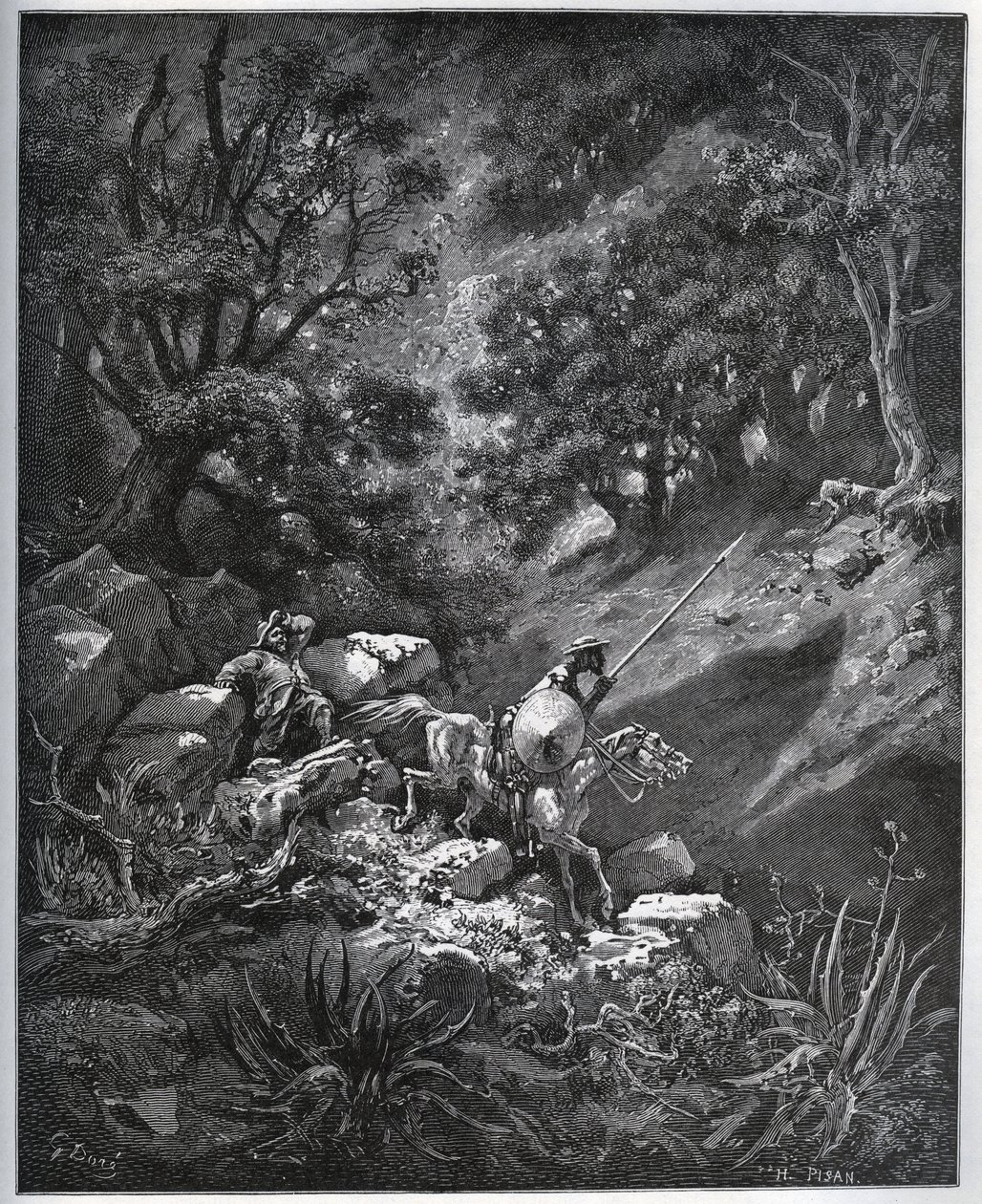 Don Quijote a Sancho Panza pokračují ve své cestě v Sierra Morena při hledání dolu Deguenille-de-la-Malaise - z „Don Quijote de la Mancha“ od Miguela Cervantese (1547-1616) (Don Quijote) - Dřevoryt podle kresby od Gustave Dore od Gustave Dore