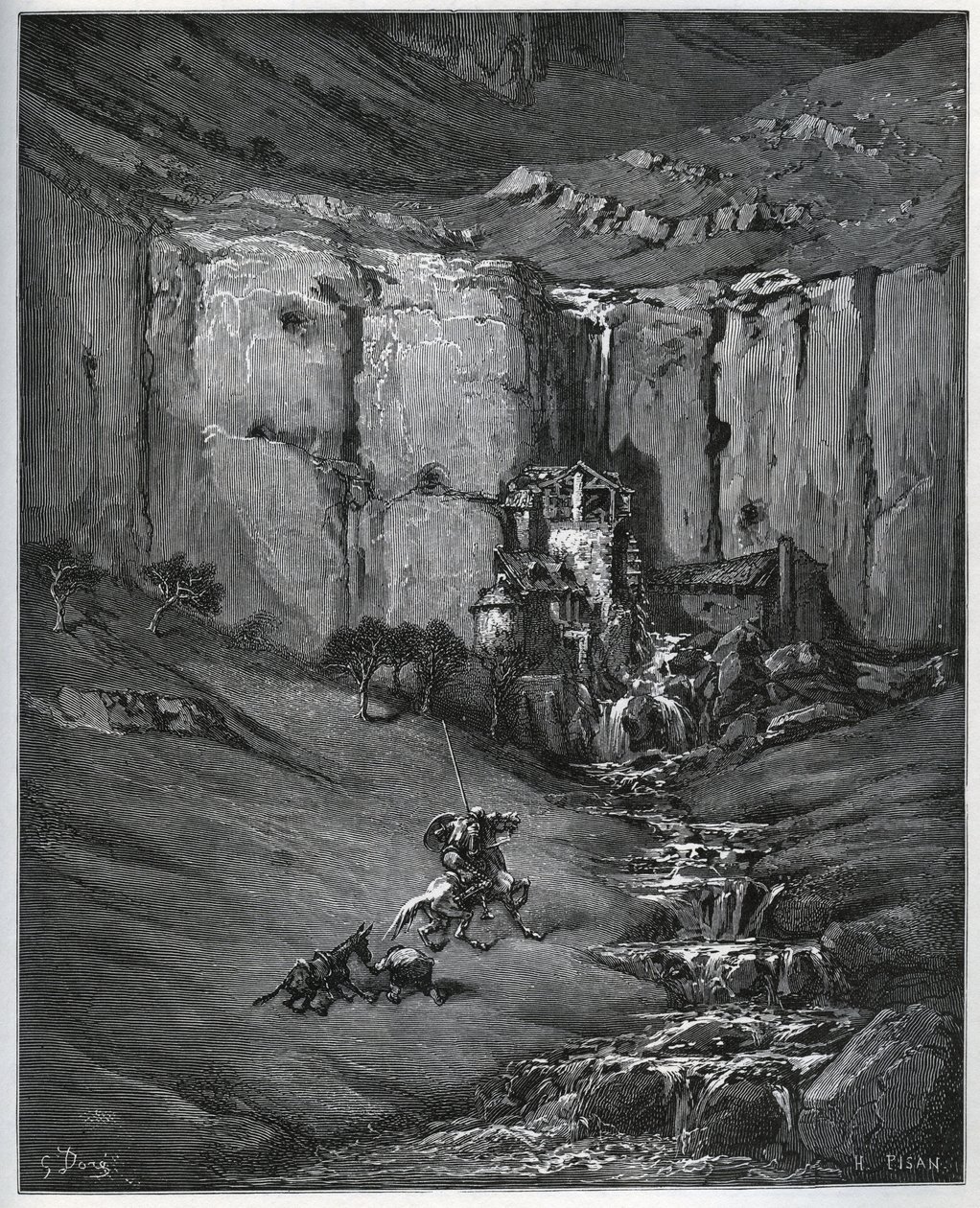 Don Quijote a Sancho Panza objeví, co způsobilo jejich obavy, vodopád a mlýn a faulon - z „Don Quijote de la Mancha“ od Miguela Cervantese (1547-1616) (Don Quijote) - Dřevoryt podle kresby Gustava Dore od Gustave Dore