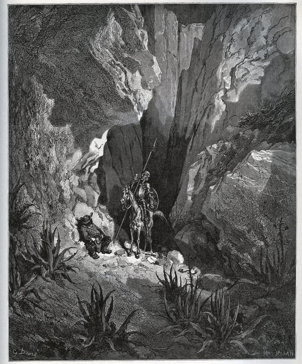 Don Quijote a Sancho Panza nacházejí věci cestovatele – z „Don Quijote de la Mancha““ od Miguela Cervantese (1547-1616) (Don Quijote) - Dřevoryt podle kresby Gustava Dore od Gustave Dore