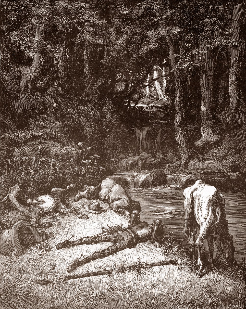 Don Quijote a Sancho Panza je osvěžují u potoka Rytina Gustava Dore (1832-1883) pro „L