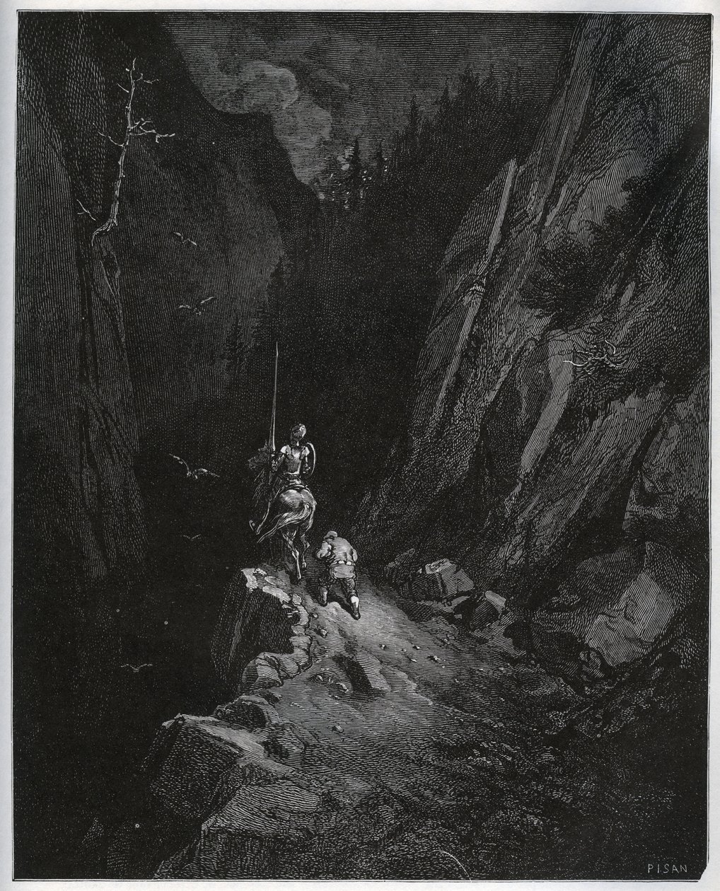 Don Quijote a Sancho Panza se ponoří do Sierra Morena - z „Don Quijote de la Mancha“ od Miguela Cervantese (1547-1616) (Don Quijote) - Dřevoryt podle kresby Gustava Dore od Gustave Dore