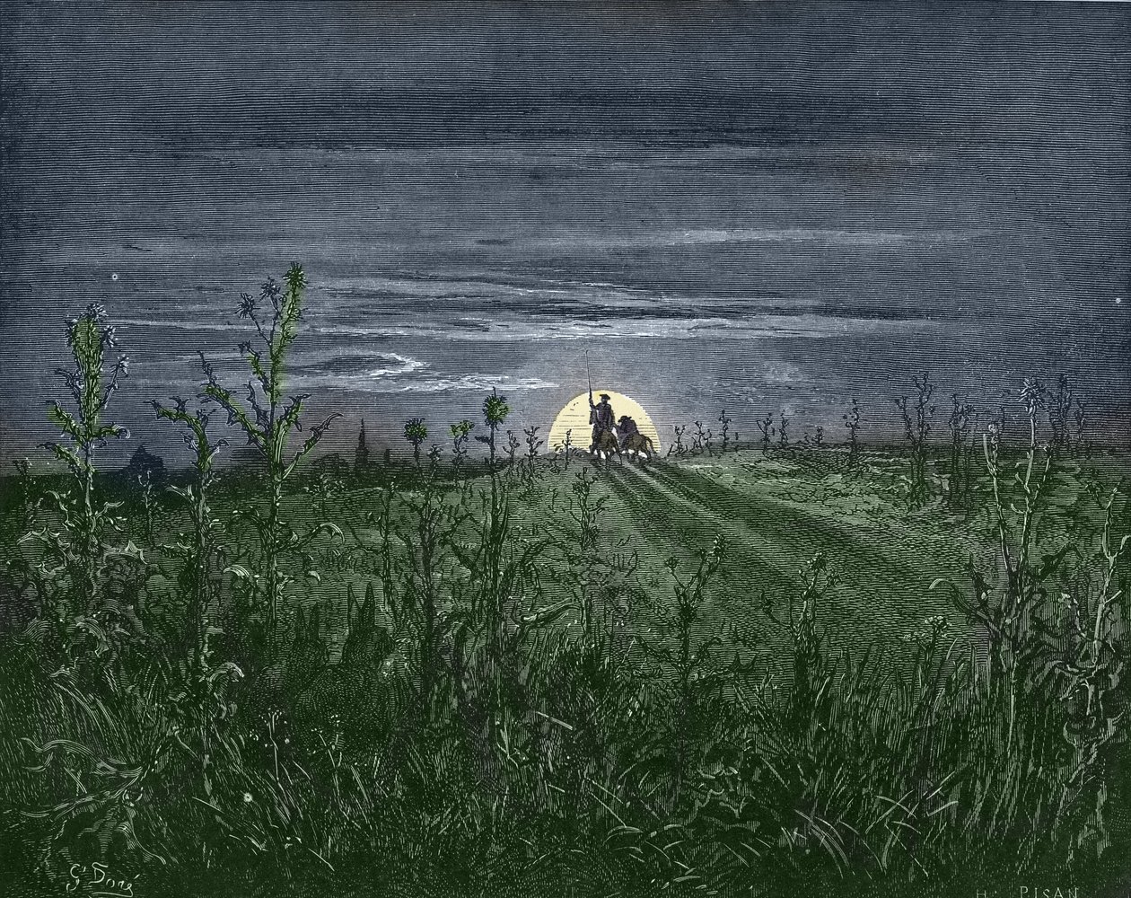 Don Quijote a Sancho, na cestě do Tobosa – z „“Dona Quijota de la Mancha”” od Miguela Cervantese (1547-1616) (Don Quijote) - Dřevoryt podle kresby Gustava Dorea (1832-1883) od Gustave Dore
