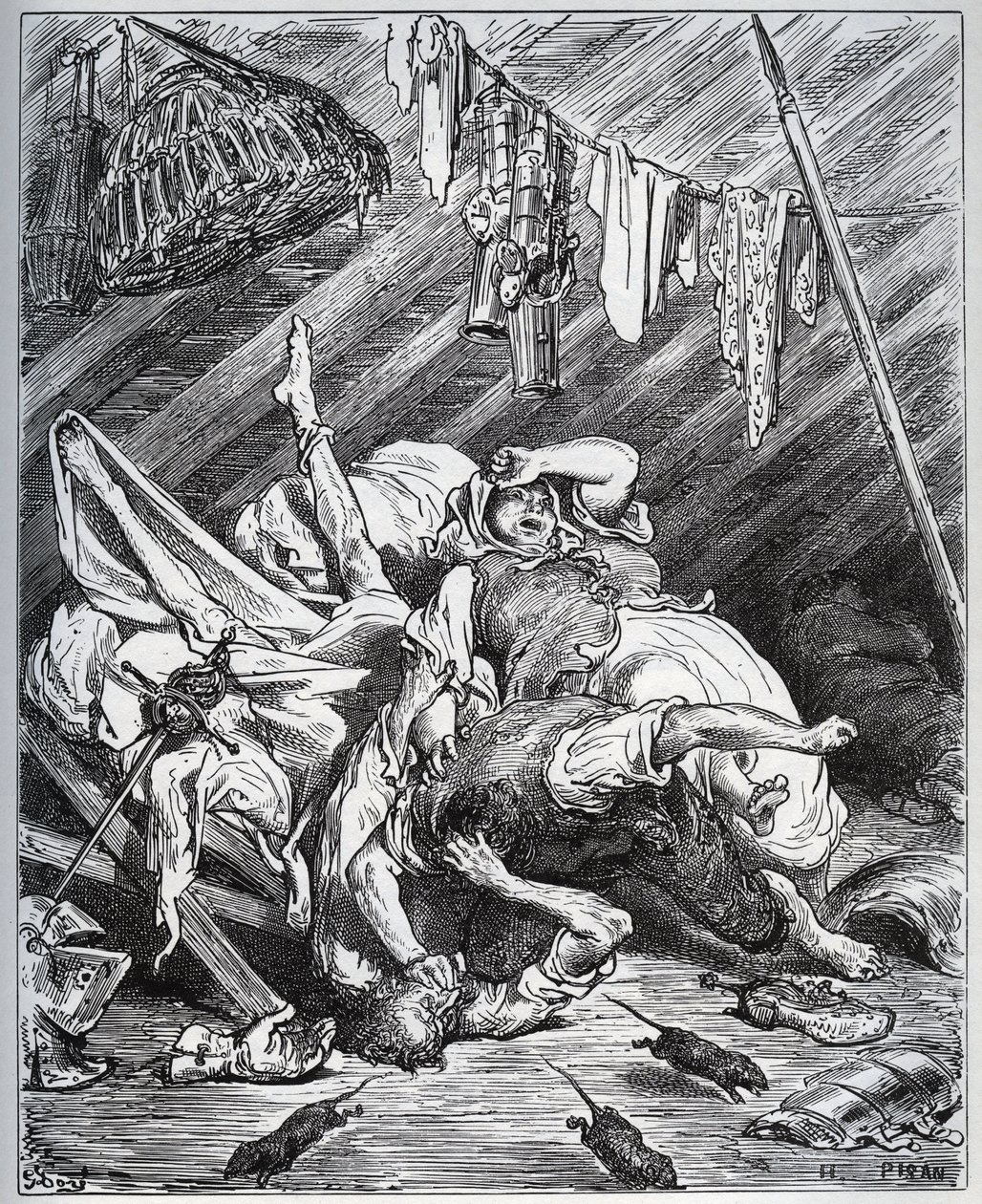 Don Quijote a výrobce mezků bojující za Maritornese, hospodyni, kterou Don Quijote bere za svou Dulcinee - z „Don Quijote de la Mancha“ od Miguela Cervantese (1547-1616) (Don Quijote) - Dřevoryt podle kresby Gustava Dore od Gustave Dore