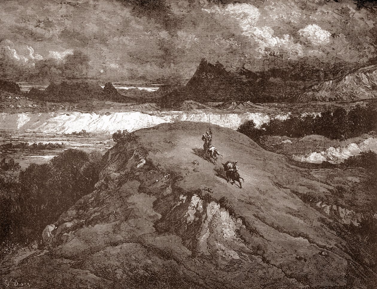 Don Quijote a Sancho Panza se blíží k sierra Morena Rytina Gustava Dore (1832-1883) pro „L