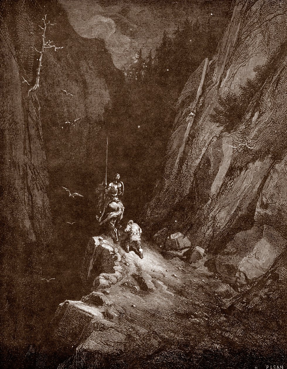 Don Quijote a Sancho Panza v srdci Sierra Moreny Rytina od Gustava Dorea (1832-1883) pro „Důmyslný šlechtic Don Quijote z La Manche (Quixote - Quijote)“ od Miguela de Cervantese (1547-1616) 1863 Soukromá sbírka od Gustave Dore
