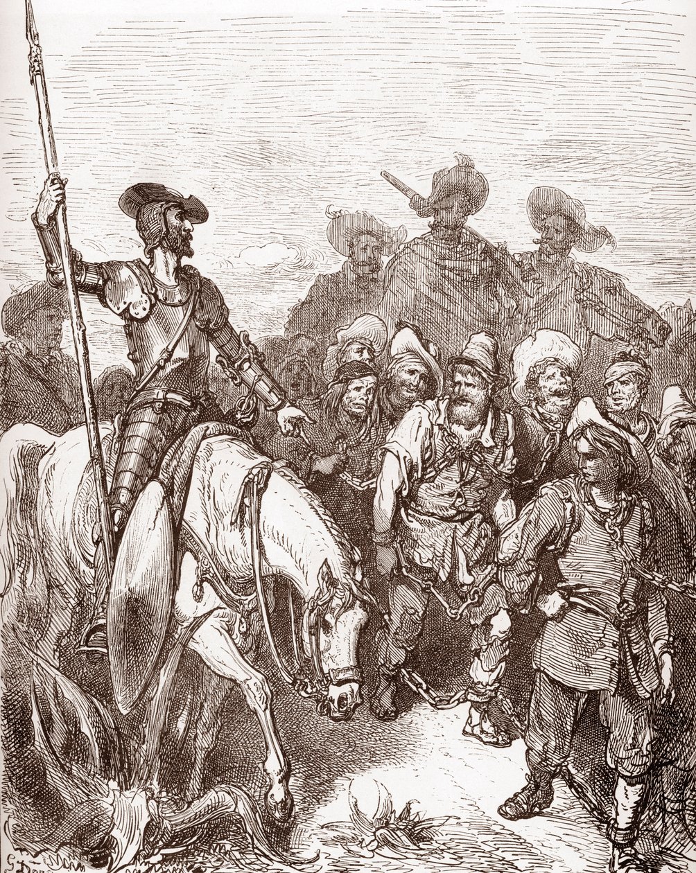 Don Quijote a Sancho Panza vyslýchají zločince, kteří jsou vedeni na galeje Rytina Gustava Dore (1832-1883) pro „L