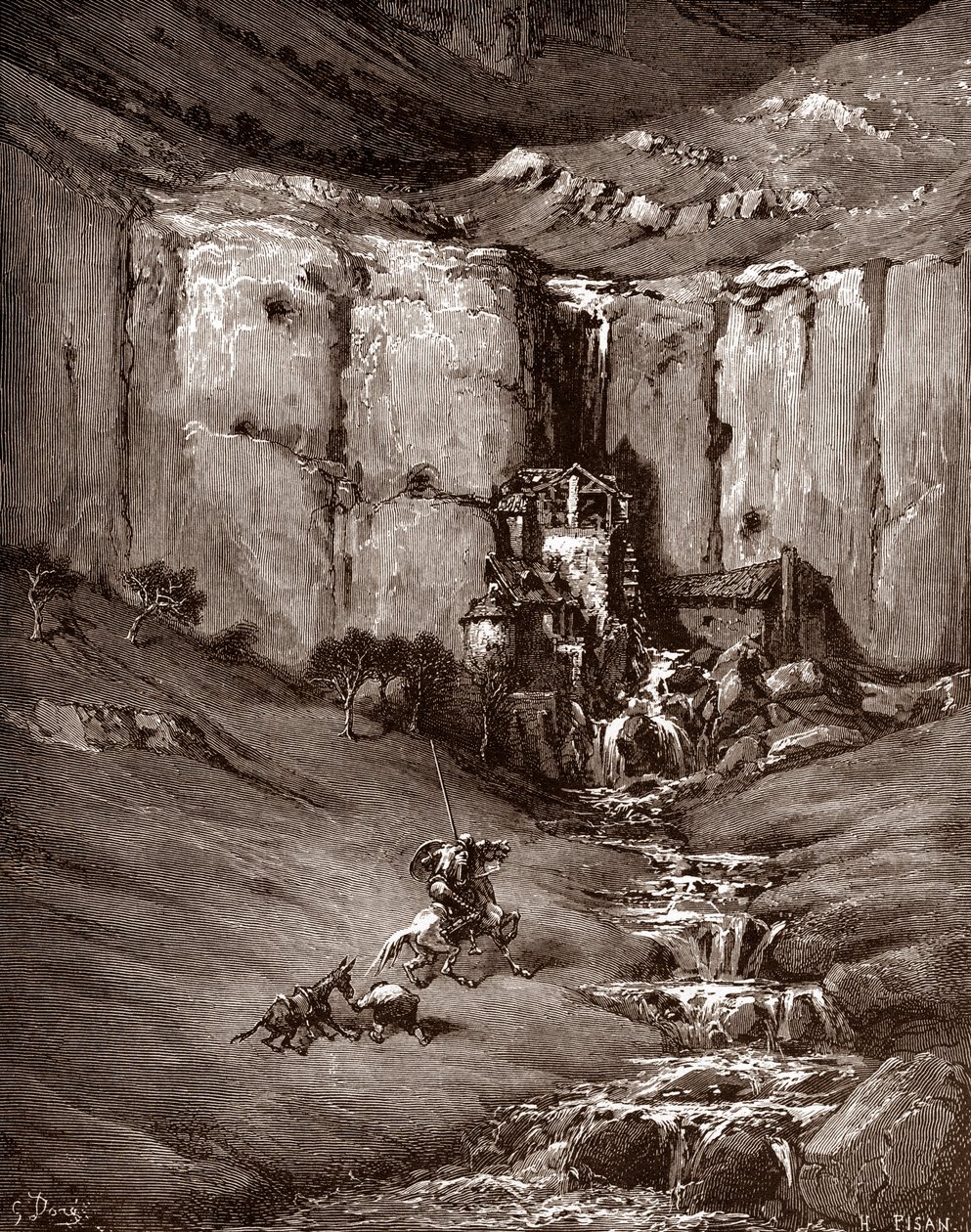 Don Quixote a Sancho Panza vidí vodopád a hlučné hovely (Don Quixote a Sancho Panza vidět vodopád a hlučné hovels) Gravírování Gustave Dore (1832-1883) pro „The Ingenieux Hidalgo Don quixote de la Mancha (Quixotte - quijote)“ Miguel de Cerva od Gustave Dore