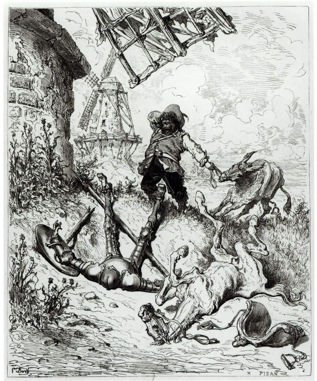Don Quijote a větrné mlýny, z „Don Quijote de la Mancha“ od Miguela Cervantese (1547-1616), vyrytý Heliodorem Josephem Pisanem (1822-90) od Gustave Dore