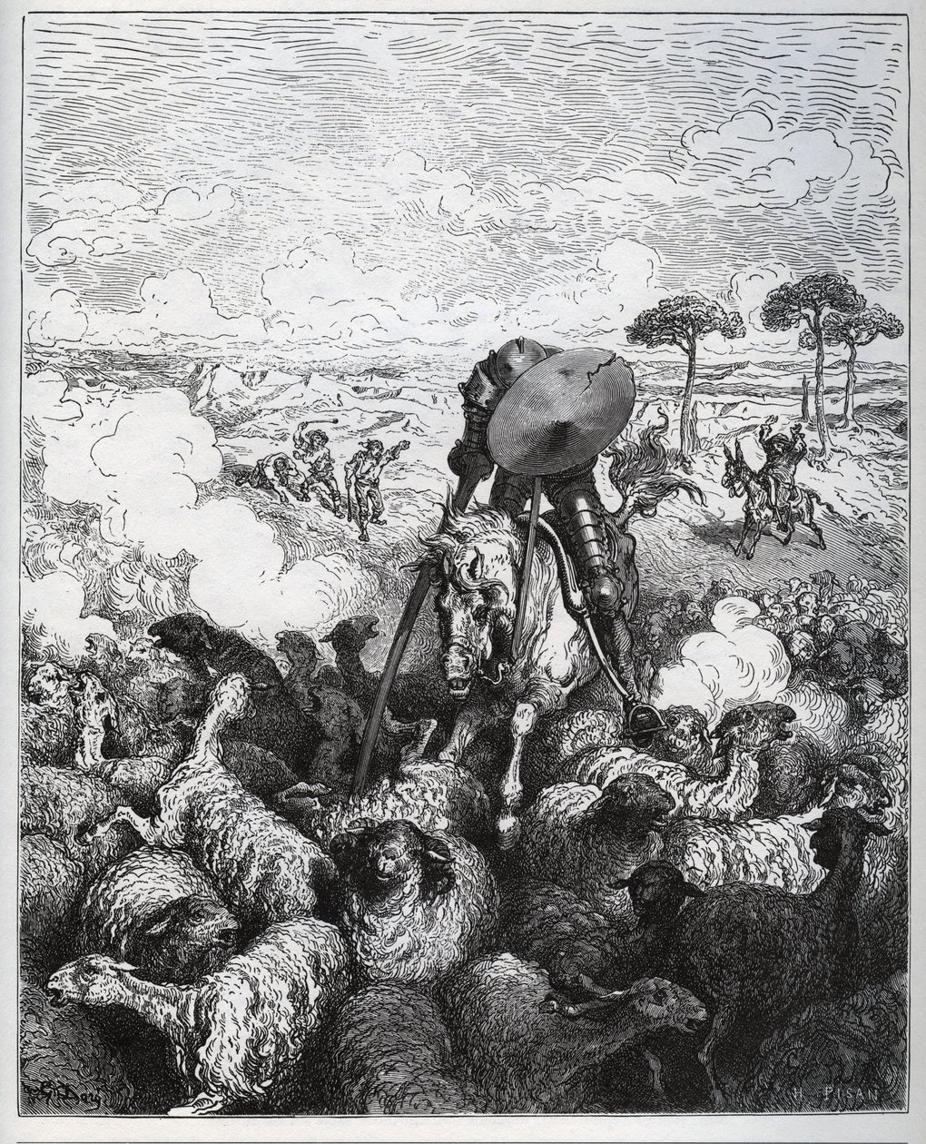 Don Quijote útočí na stádo ovcí v domnění, že má co do činění s armádou Alibanfarona z Taprobany – z „Don Quijote de la Mancha“ od Miguela Cervantese (1547-1616) (Don Quijote) – dřevořez podle kresby Gustava Dorea od Gustave Dore