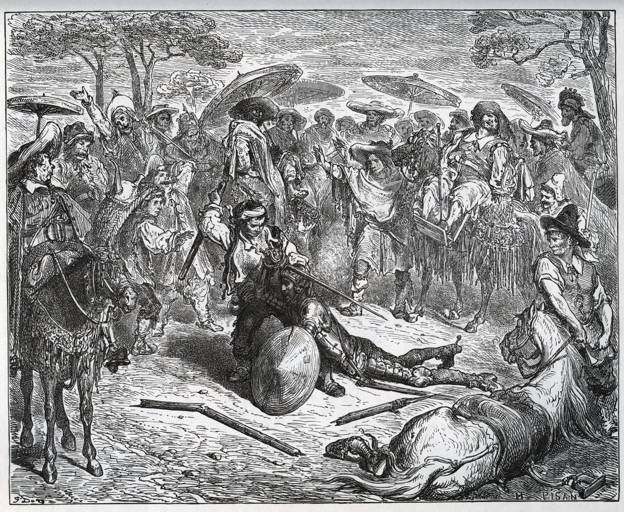 Don Quijote zbit uprostřed skupiny obchodníků – Výrobce mul okusil hru – z „Don Quijote de la Mancha““ od Miguela Cervantese od Gustave Dore