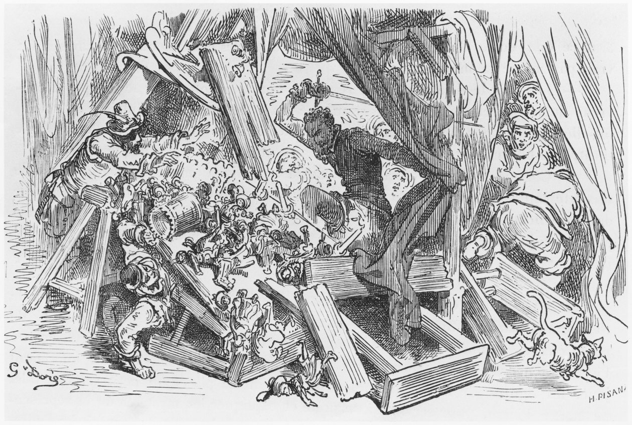 Don Quijote bojující s loutkami, ilustrace z „Don Quijote de la Mancha“ od Miguela Cervantese (1547-1616) vyrytý Heliodorem Josephem Pisanem (1822-90) od Gustave Dore