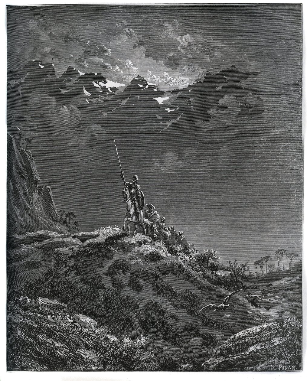 Don Quijote jde na misi pro Dorothee, doprovázen Sancho Panzou, holičem, Dorothee, léčitelem a Cardeniem - z „Don Quijote de la Mancha“ od Miguela Cervantese (1547-1616) (Don Quijote) - Dřevoryt podle kresby Gustava Dore od Gustave Dore