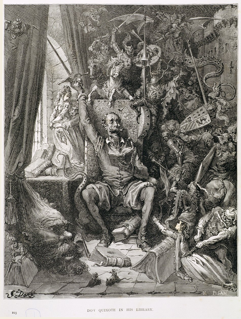 Don Quijote ve své knihovně, vyrytý Heliodorem Josephem Pisanem (1822-90) kolem roku 1868 od Gustave Dore