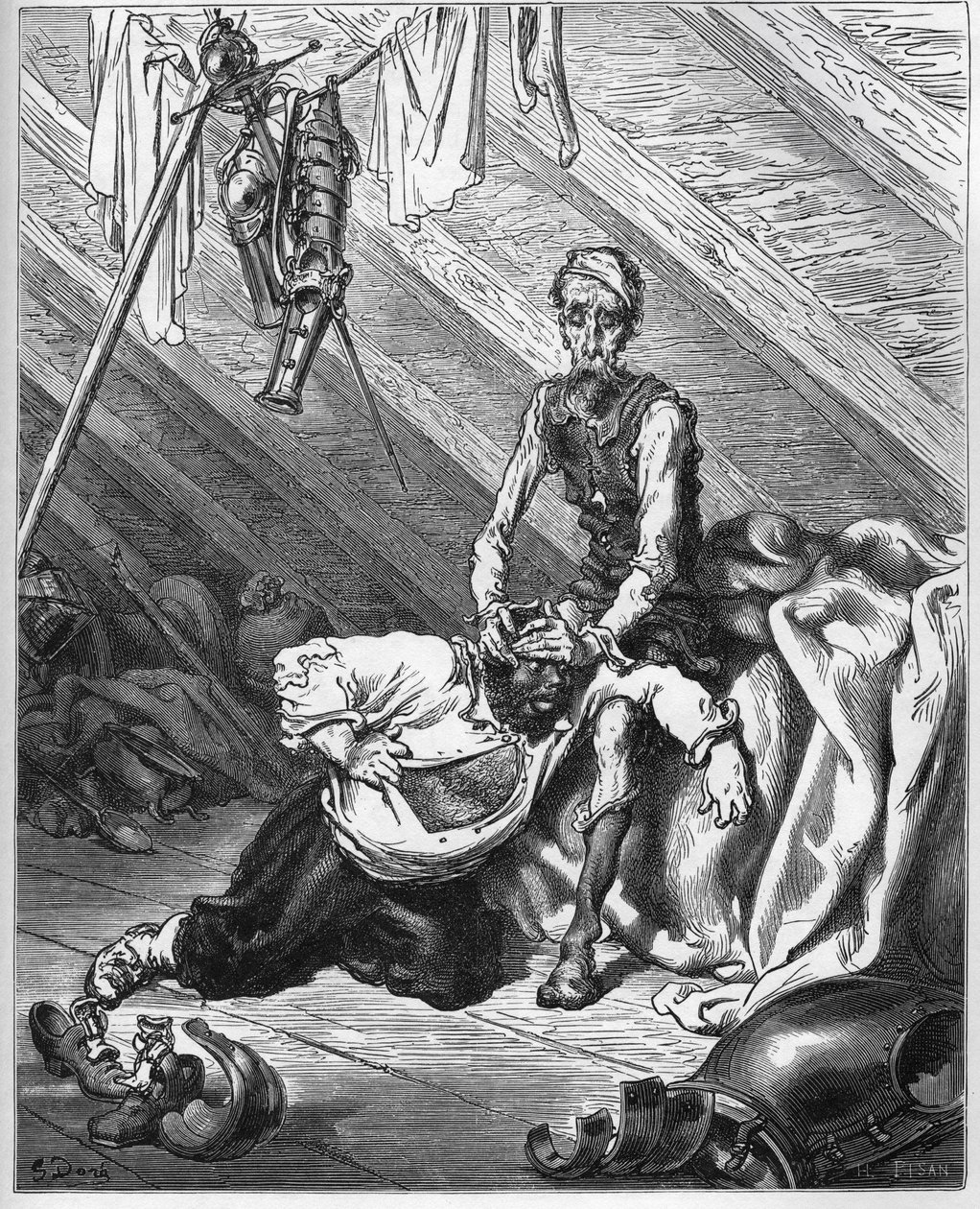 Don Quijote dává Sancho Panzovi ochutnat jeho drahocenný balzám pro smysly, aby je oba vyléčil ze všech nemocí – z „Don Quijote de la Mancha“ od Miguela Cervantese od Gustave Dore