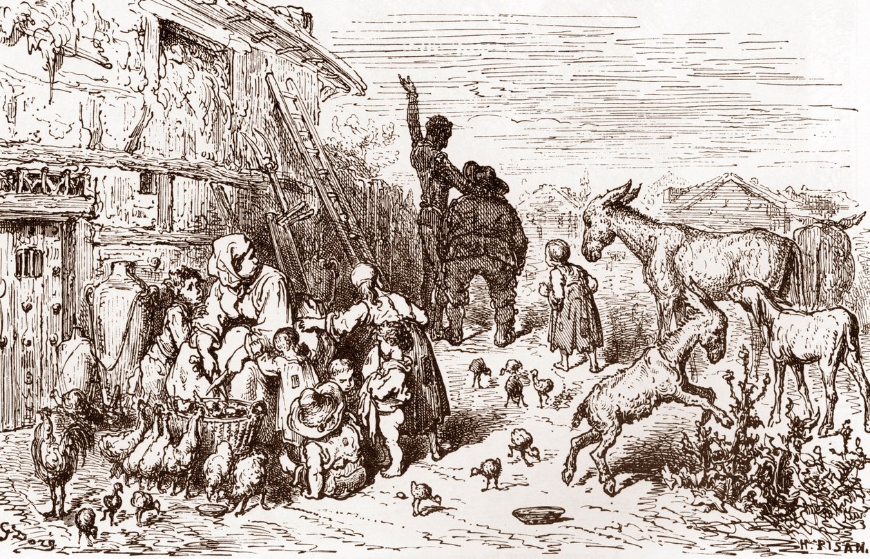 Don Quijote přesvědčí svého souseda Sancho Panzu, aby se stal jeho panošem Rytina Gustava Dore (1832-1883) pro „L