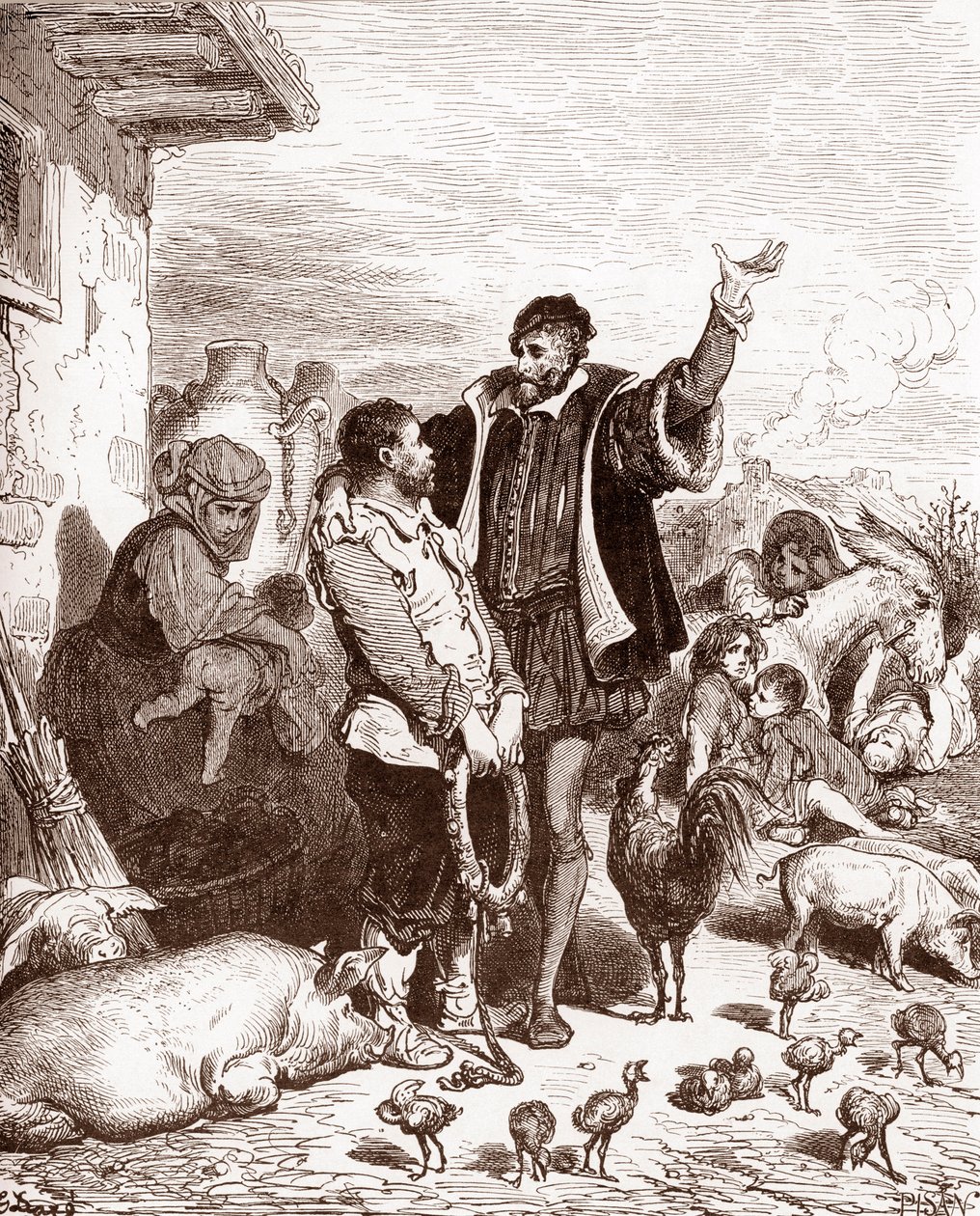 Don Quijote přesvědčí svého souseda Sancha Panzu, aby se stal jeho panošem tím, že mu slíbí, že ho učiní guvernérem nějakého dobytého ostrova. Miguel de Ce od Gustave Dore