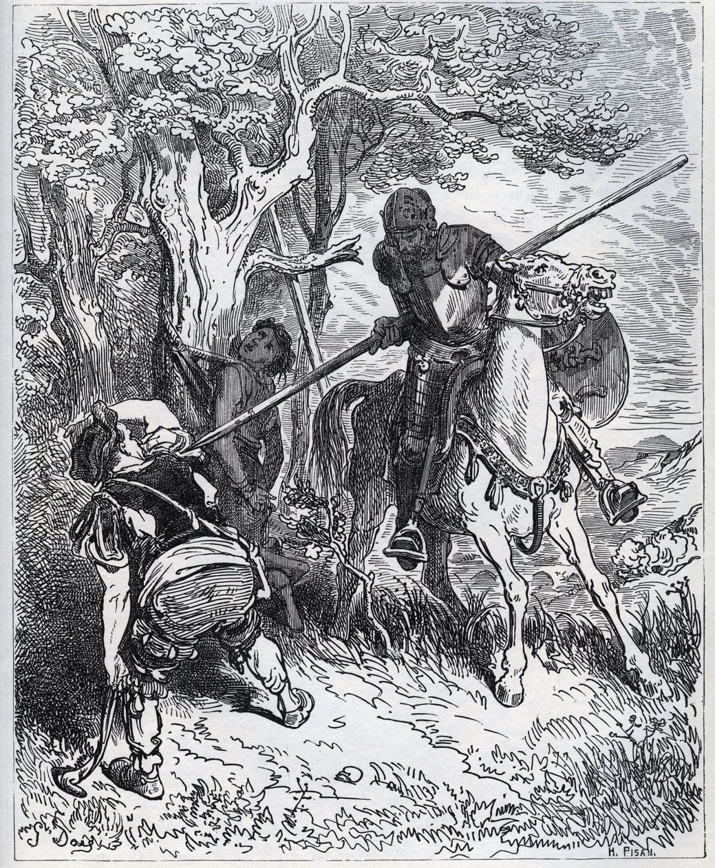 Don Quijote se postaví na stranu mladého komorníka – „U slunce, které nás obklopuje, nevím, kdo mi brání, abych prošel svou čepelí tělem“ – z „“ Don Quijote de la Mancha““ od Miguela Cervantese (1547- 1616) (Don Quijote) - Dřevoryt podle kresby Gusta od Gustave Dore